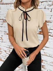 Ruffled Neck Lace-Up Colorblock Short Sleeves Blouse