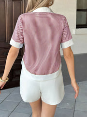 Colorblock Stripe Collared Short Sleeves Cropped Blouse