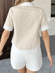 Colorblock Stripe Collared Short Sleeves Cropped Blouse