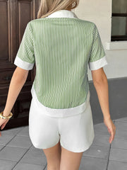 Colorblock Stripe Collared Short Sleeves Cropped Blouse