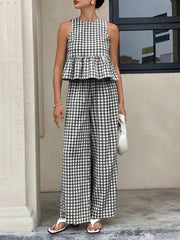 2 Pieces Gingham Crew Neck Sleeveless Ruffled Hem Top & Wide Leg Trousers Pants Set
