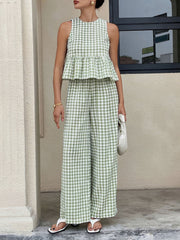 2 Pieces Gingham Crew Neck Sleeveless Ruffled Hem Top & Wide Leg Trousers Pants Set