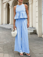 2 Pieces Gingham Crew Neck Sleeveless Ruffled Hem Top & Wide Leg Trousers Pants Set