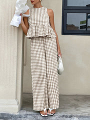 2 Pieces Gingham Crew Neck Sleeveless Ruffled Hem Top & Wide Leg Trousers Pants Set