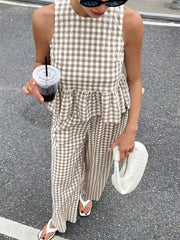 2 Pieces Gingham Crew Neck Sleeveless Ruffled Hem Top & Wide Leg Trousers Pants Set