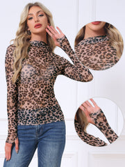 Mesh Leopard Print Mock Neck Sheer Blouse