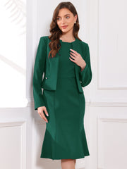 2 Pieces Long Sleeves Collarless Jacket & Sleeveless Fishtail Midi Dress Sets