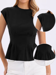 Cotton Cap Sleeve Crew Neck Business Work Peplum Blouse