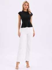 Cotton Cap Sleeve Crew Neck Business Work Peplum Blouse