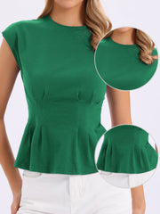 Cotton Cap Sleeve Crew Neck Business Work Peplum Blouse