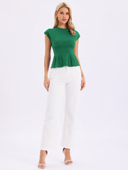Cotton Cap Sleeve Crew Neck Business Work Peplum Blouse