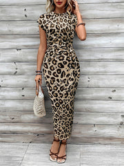 Leopard Print Cap Sleeve Tie-Waist Bodycon Dress