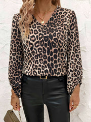 Leopard Print Casual Long Sleeve V Neck Blouse
