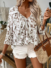 Leopard Print 3/4 Sleeves V Neck Blouse