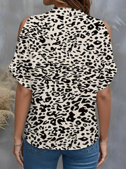 Leopard Print Cold Shoulder Short Sleeves Blouse