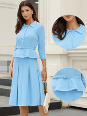 2 Piece 3/4 Sleeve Cropped Belted Blazer and Pleated Skirt Business Suit Sets