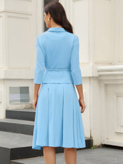 2 Piece 3/4 Sleeve Cropped Belted Blazer and Pleated Skirt Business Suit Sets