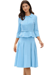 2 Piece 3/4 Sleeve Cropped Belted Blazer and Pleated Skirt Business Suit Sets