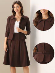 2 Piece 3/4 Sleeve Cropped Belted Blazer and Pleated Skirt Business Suit Sets