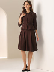 2 Piece 3/4 Sleeve Cropped Belted Blazer and Pleated Skirt Business Suit Sets