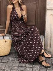 Retro Polka Dots Halter Deep V Neck Maxi Dress