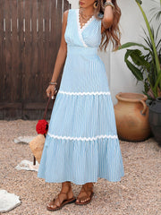 Sleeveless Striped Lace Trim Tiered A-Line Dress