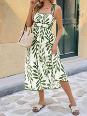 Lace-Up Spaghetti Strap Floral Smocked A-Line Midi Dress
