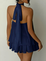 Backless Halter Neck Ruffled Sleeveless Mini Dress