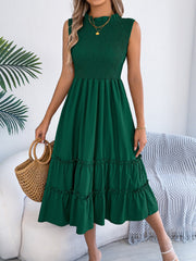 Ruffled Sleeveless Smocked Tiered A-Line Midi Dress