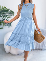Ruffled Sleeveless Smocked Tiered A-Line Midi Dress