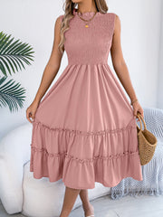 Ruffled Sleeveless Smocked Tiered A-Line Midi Dress