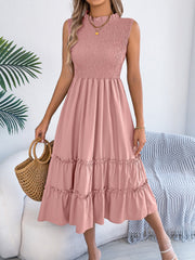 Ruffled Sleeveless Smocked Tiered A-Line Midi Dress