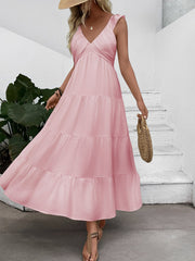 Resort Style Sleeveless V Neck Tiered Long Dress