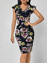 Floral Ruffled Cap Sleeves Bodycon Midi Dress