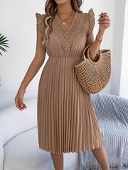 Lace Trim V Neck Ruffled Cap Sleeves Pleated A-Line Dress
