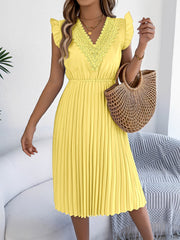 Lace Trim V Neck Ruffled Cap Sleeves Pleated A-Line Dress