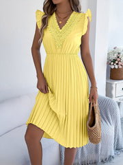 Lace Trim V Neck Ruffled Cap Sleeves Pleated A-Line Dress