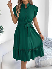 Stand Collar Ruffle Tie-Waist Midi Shirt Dress