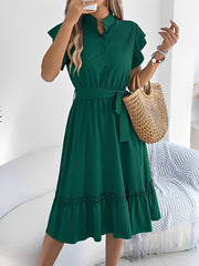 Stand Collar Ruffle Tie-Waist Midi Shirt Dress