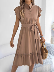 Stand Collar Ruffle Tie-Waist Midi Shirt Dress