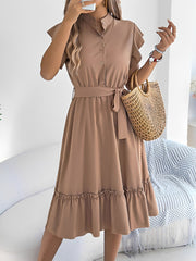 Stand Collar Ruffle Tie-Waist Midi Shirt Dress