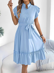 Stand Collar Ruffle Tie-Waist Midi Shirt Dress