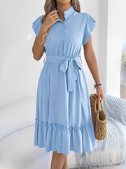 Stand Collar Ruffle Tie-Waist Midi Shirt Dress