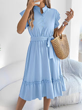 Stand Collar Ruffle Tie-Waist Midi Shirt Dress