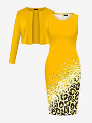 2 Pieces Long Sleeves Cropped Jacket & Sleeveless Printed Midi Sheath Dress Matching Set