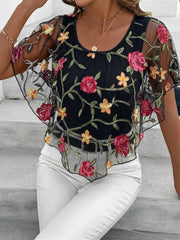 Mesh Ruffled Floral Embroidered Cape Sleeves Blouse