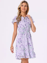 Ruffle Sleeve V Neck Above Knee A-Line Floral Chiffon Dress