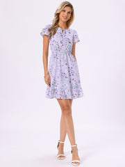 Ruffle Sleeve V Neck Above Knee A-Line Floral Chiffon Dress