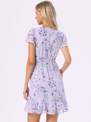 Ruffle Sleeve V Neck Above Knee A-Line Floral Chiffon Dress