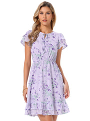 Ruffle Sleeve V Neck Above Knee A-Line Floral Chiffon Dress